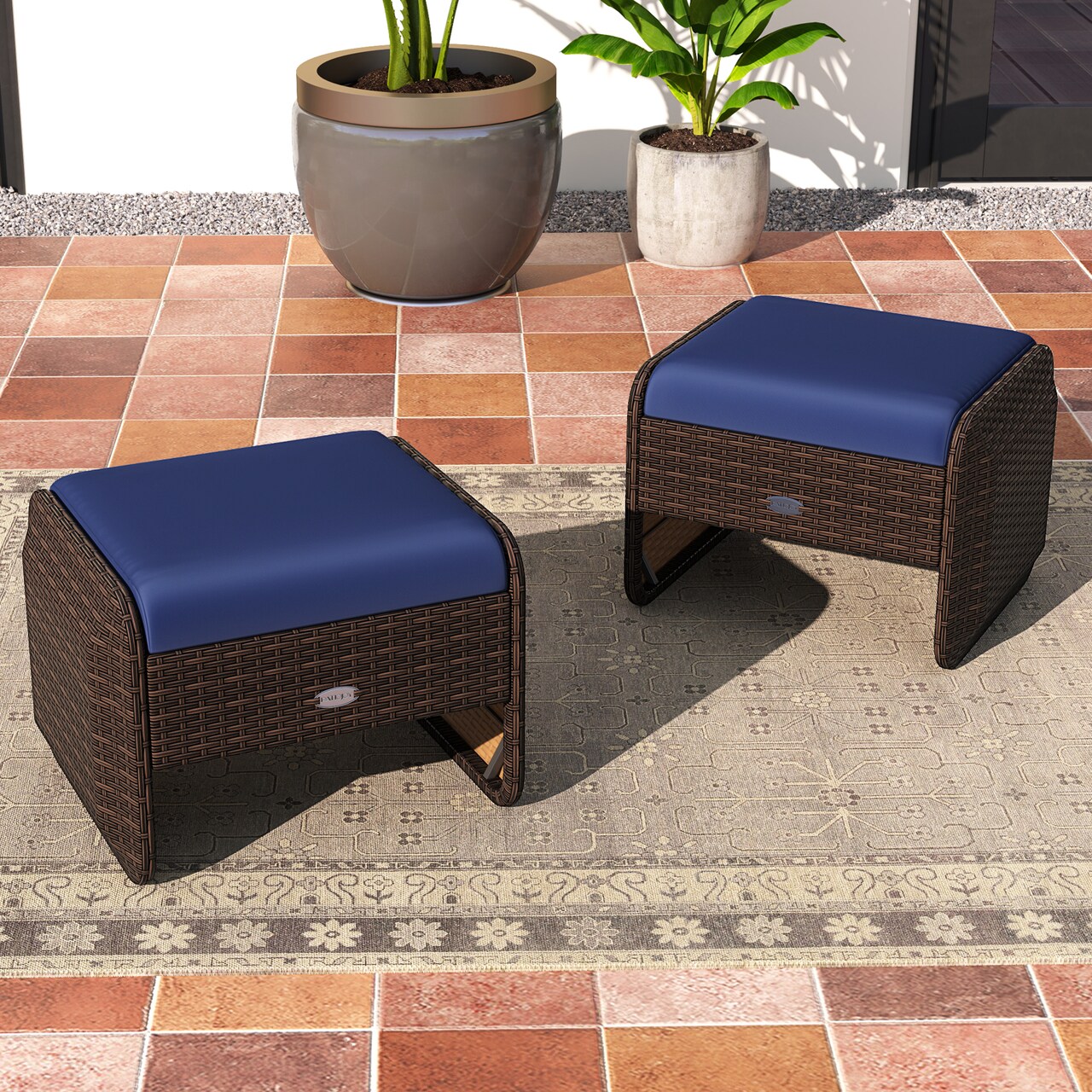 2 Pieces Patio Wicker Ottomans with Metal Frame and Removable Cushions Perfect for Outdoor Seating